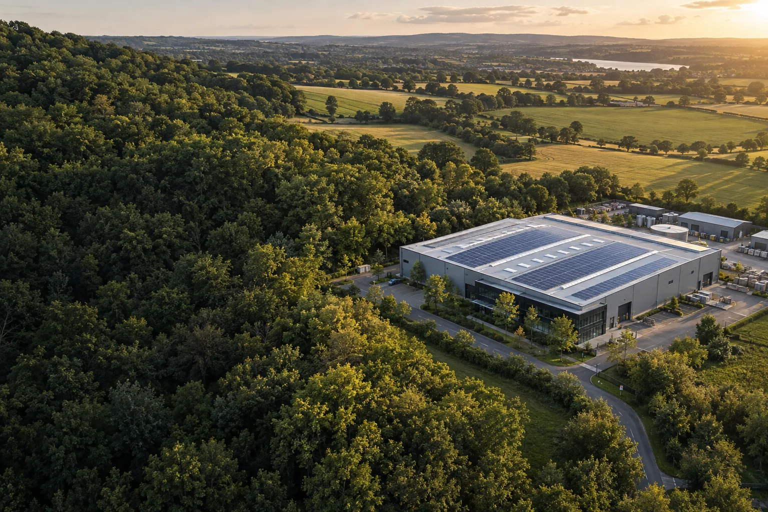 Illustrative aerial view of a solar roofed industrial facility beside woodland